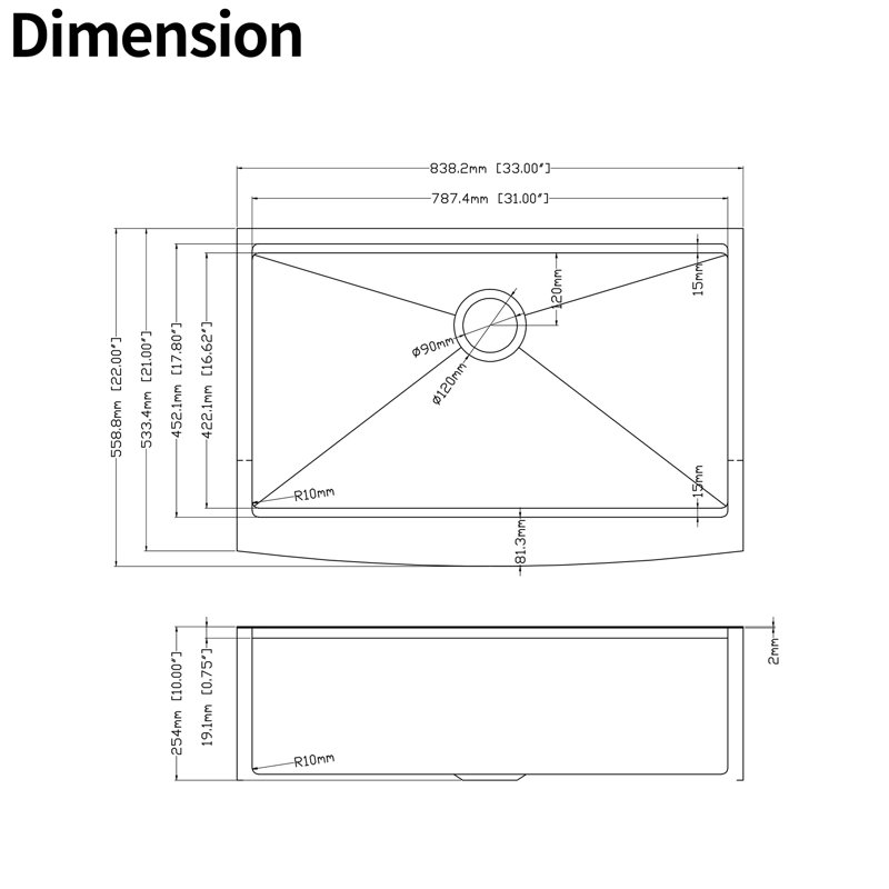 Évier de cuisine à tablier en acier inoxydable 33 po x 22 po x 10 po avec station de travail - noir mat et saleté, surface hygiénique facile à entretenir, nourriture