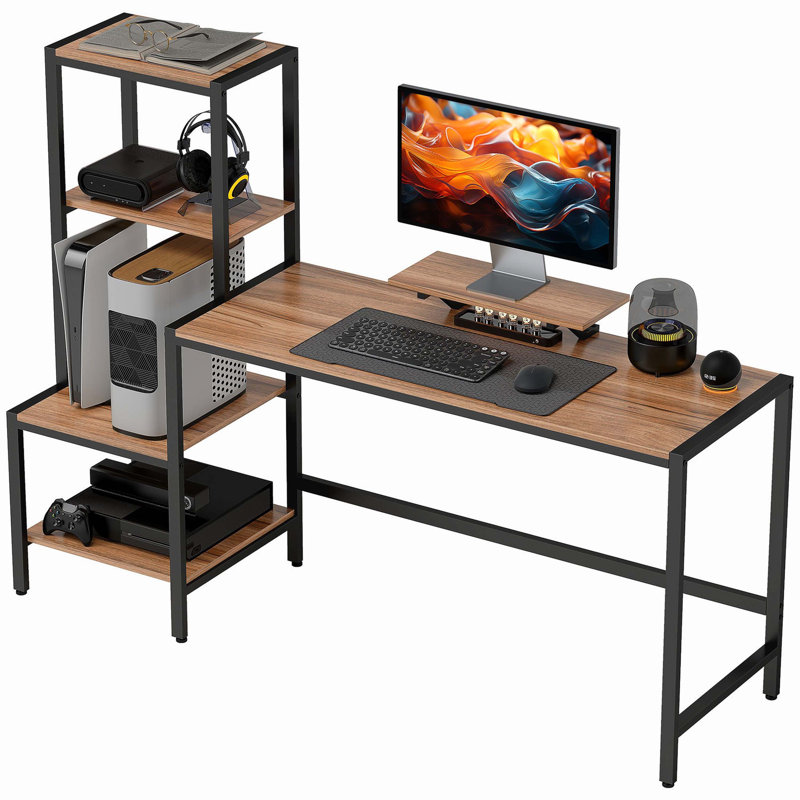 Brown Industrial Style 67" Reversible Home Office Computer Desk, Equipped With Monitor Stand, Printer & CPU Storage Rack, Practical Household Writing Table