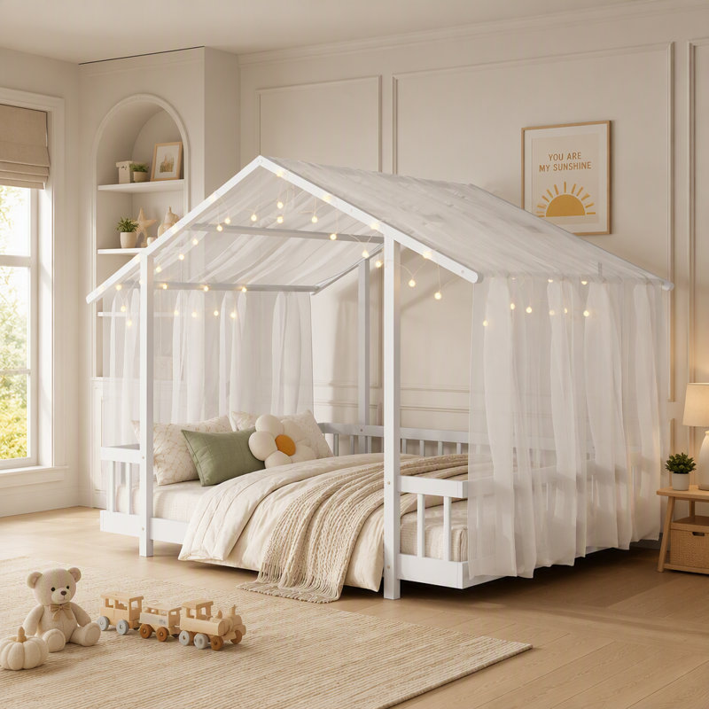 Lit plateforme double avec baldaquin en tissu transparent et guirlandes lumineuses, Full / Double, White