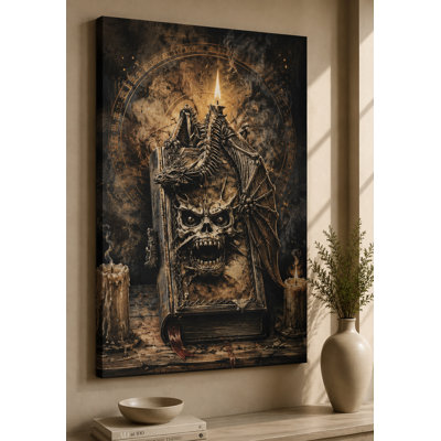 Large Dragon Skull Spellbook Wall Art Canvas Print 24x36 Inch Dark Grimoire Decor Fantasy Dragon Skull Gothic Bedroom Home Decor - Ready to hang