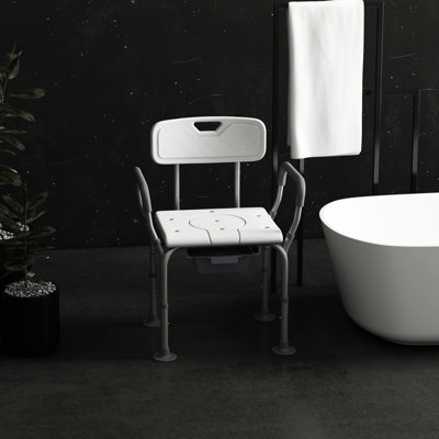 White Shower Chair With Back - 31 & Toilet Seat, Adjustable For Disabled And Seniors, White, Height