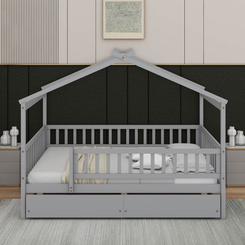 Lit en bois avec tiroirs, Gris, Lit double
