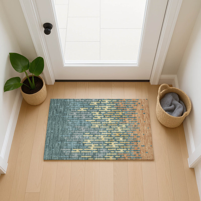 Machine Washable Indoor/Outdoor Chantille ACN2567 Abstract Rug, 1'8" x 2'6", Teal