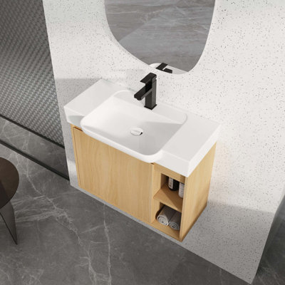 Meuble-lavabo mural avec lavabo en céramique blanche et porte à fermeture en douceur, emballage KD