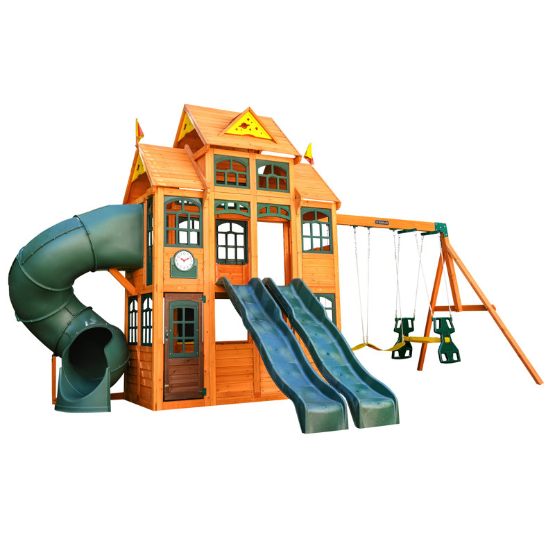 Falcon Ridge Large Wooden Swing Set with Green Tube Slide