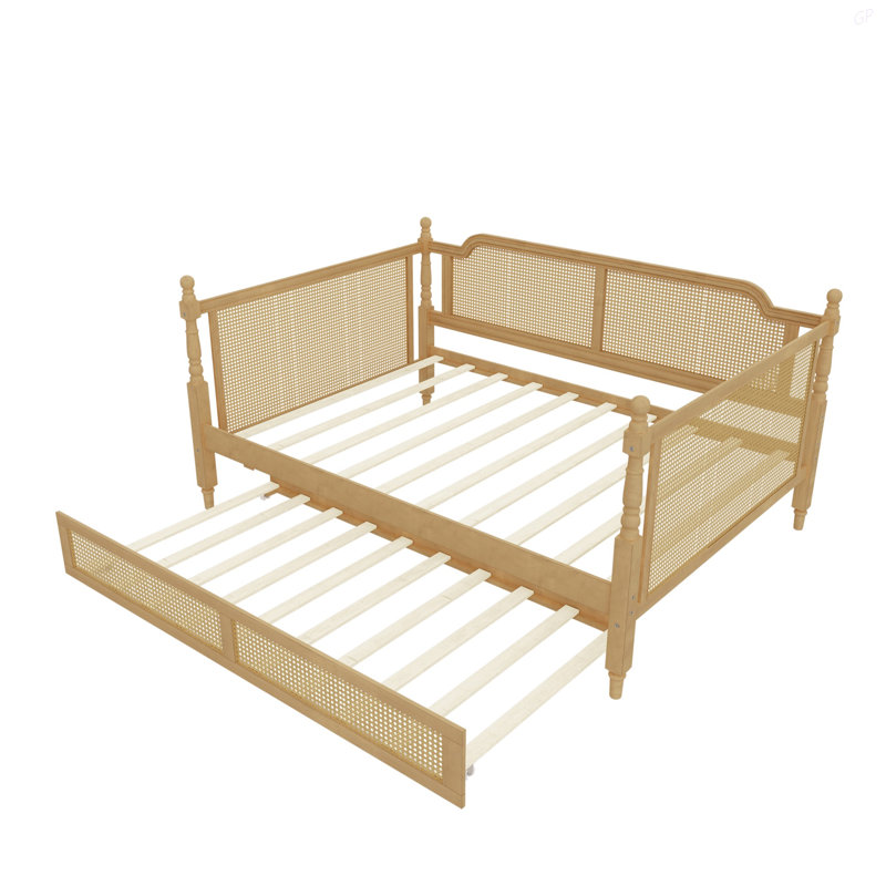 Lit de jour en rotin de style traditionnel avec lit gigogne double pour un espace limité, chambre d'amis, aucun sommier nécessaire