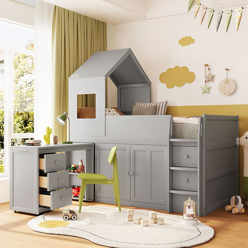 Lit mezzanine simple en bois avec bureau, tiroirs et armoires - solution d'économie d'espace pour les enfants, Gris