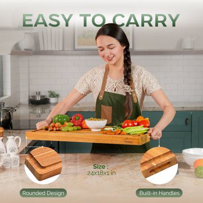 Howard Edge Grain Acacia Solid Wood Cutting Board - Reversible Extra Large Butcher Block with Juice Groove and Easy Grip Handle for Chopping, Serving, and Meal Prep