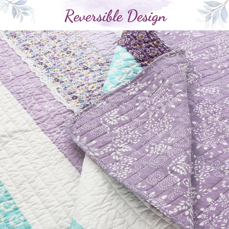 Purple and Teal Cotton Twin Reversible Quilt Set