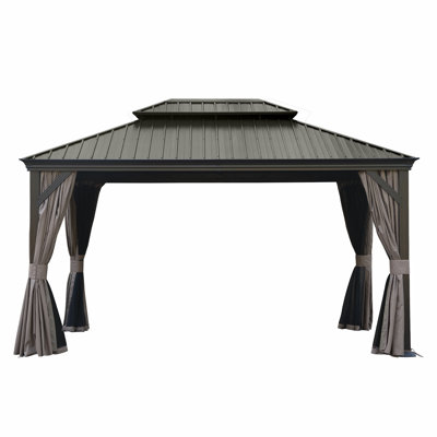 Abri de jardin à toit rigide 10 X 14, abri de jardin en métal avec système de drainage, toit en acier galvanisé à double couche, rideau et filet, auvent d'abri