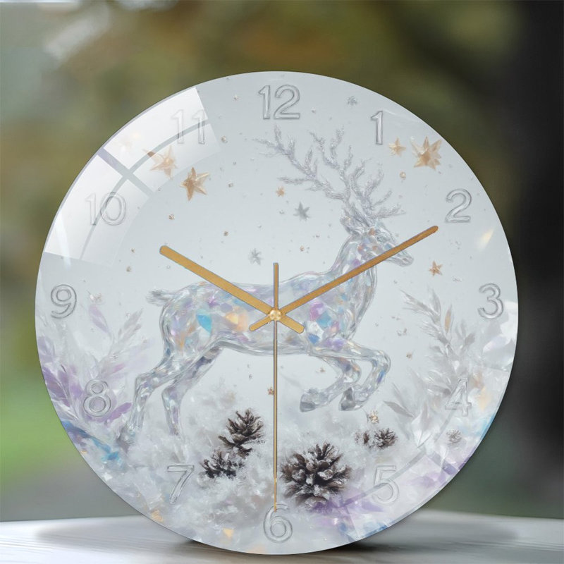 Hiver-Horloge-renne-pommes de pin Art - horloge murale moderne en verre 12 po