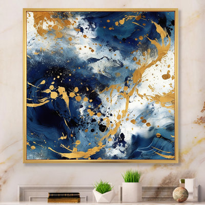 Bleu foncé et or abstrait X - Collages abstraits, impressions sur toile