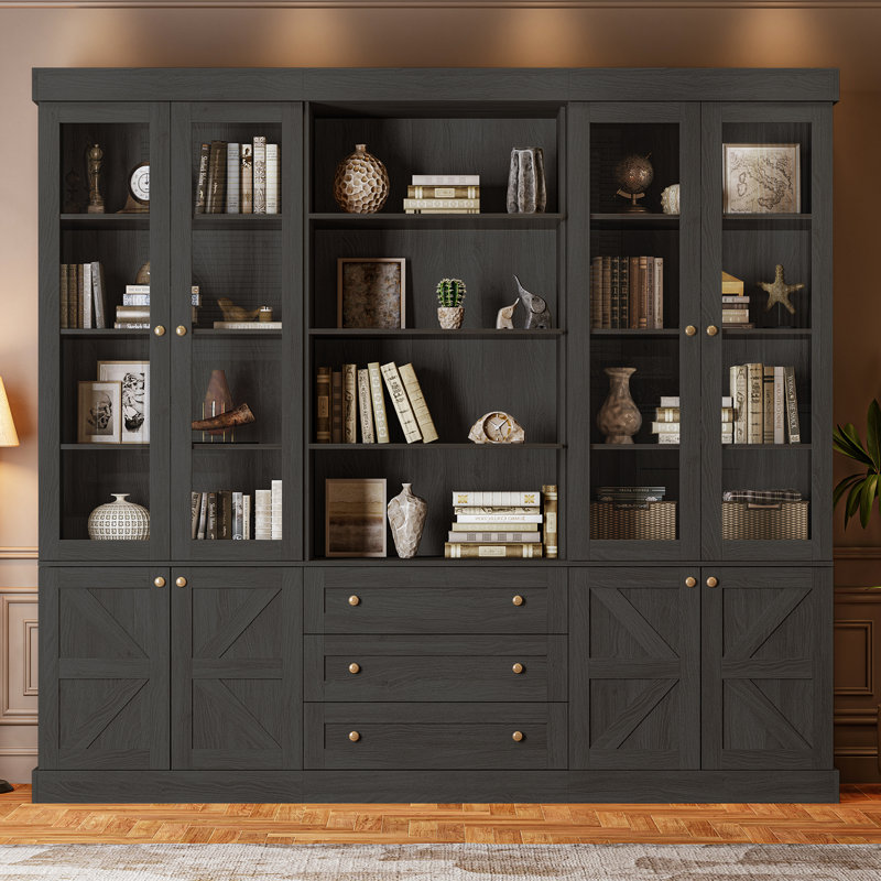 Rylay Storage Bookcase & 2 Glass Door Cabinets with 1 Open Storage &  3 Drawer, Black