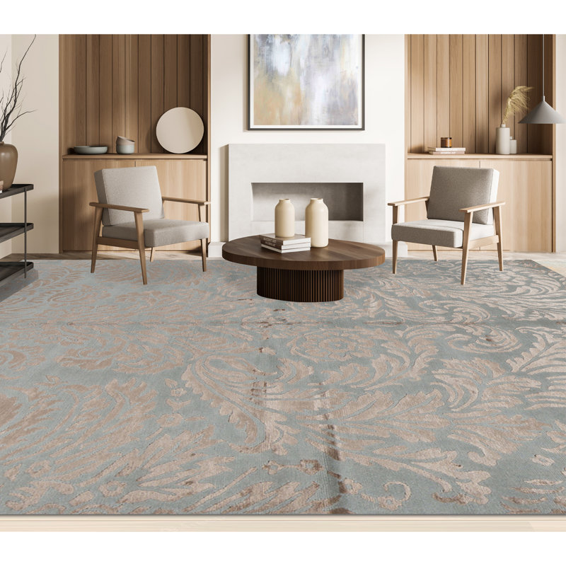Himalayan Art Damask Area Rug in Blue, Rectangle 9'3" x 12'3"