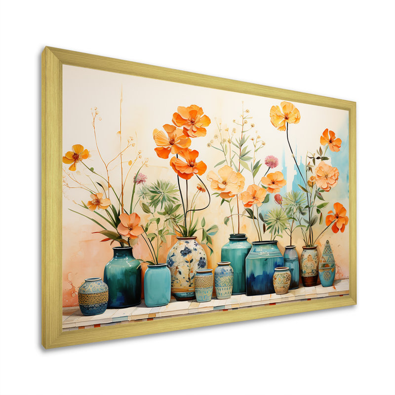 Aquarelle florale bleue II - art mural Boho, Cadre doré à coins fermés, H 24 po x l 32 po x P 1 po