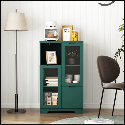 Armoire de plancher moderne en bois avec 2 portes en verre et 2 espaces de rangement, parfaite pour une présentation et une organisation élégantes