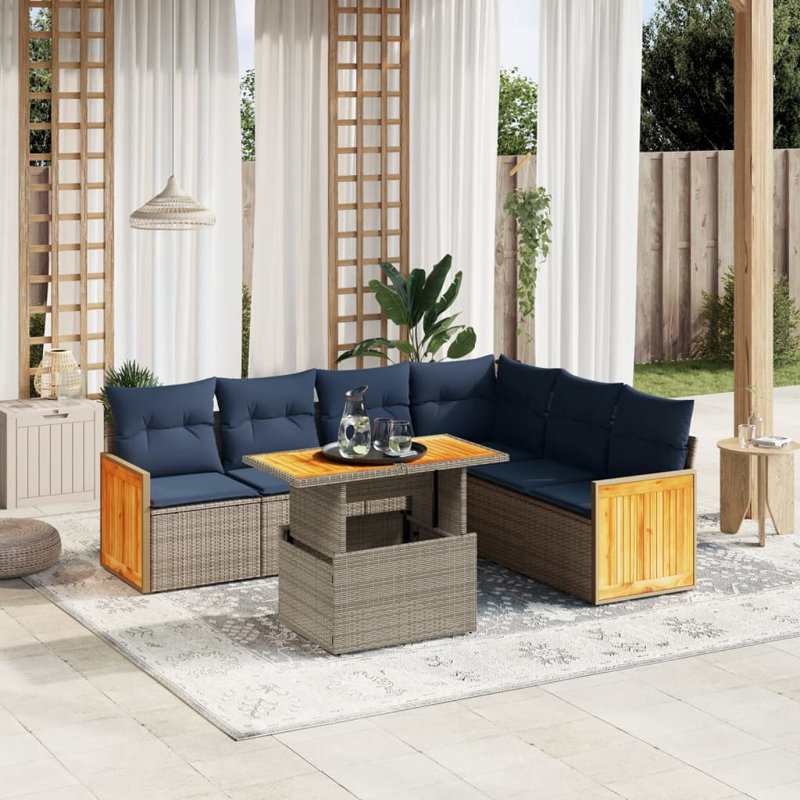  Ensemble de canapé de patio 7 pièces avec coussins en rotin de polyester, Gris, Bleu