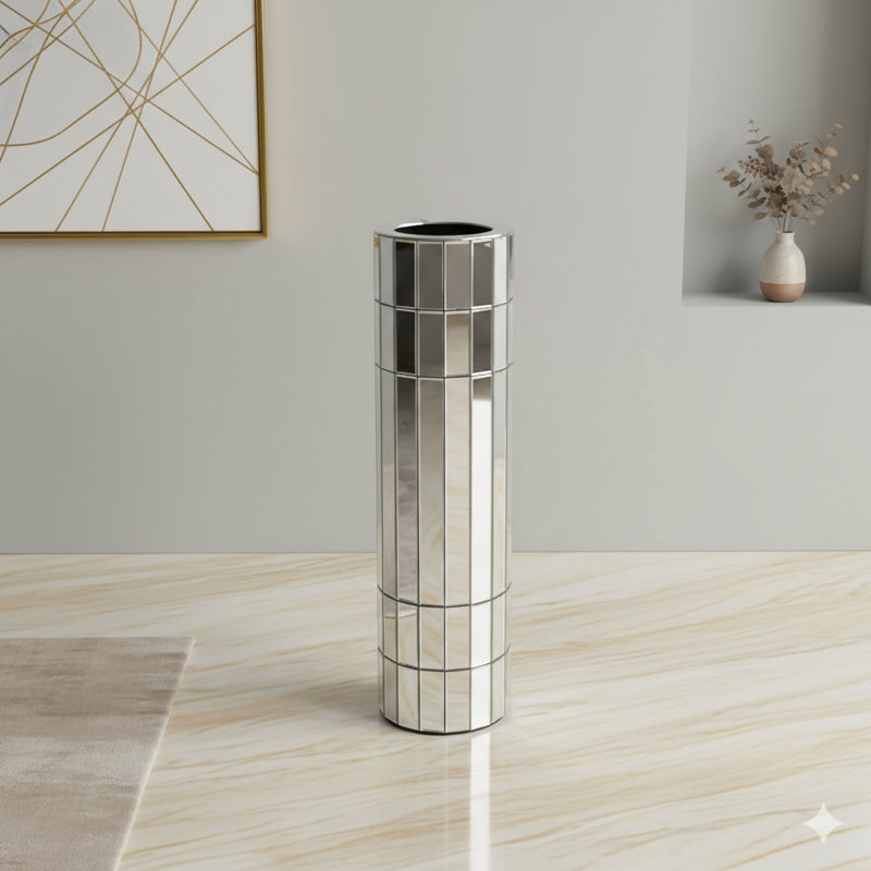 A 29.92-Inch (76 Cm) Tall Mirrored Floor Vase In A Round Silver Design. This Mirrored Glass Decorative Modern Vase Is Ideal For Home Decor In Living Rooms, Offices, And As A Centerpiece Display.