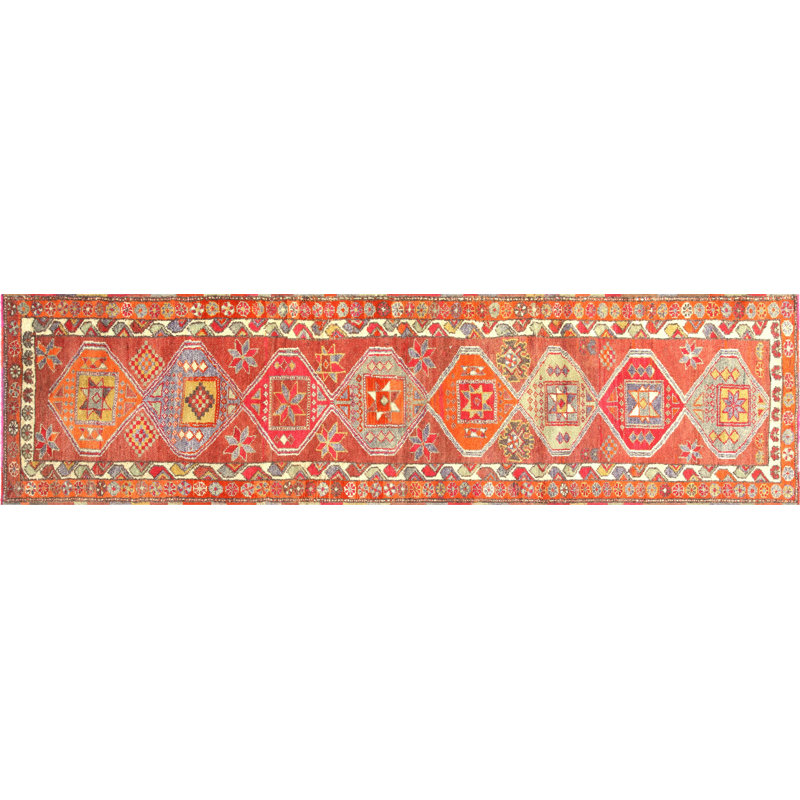 Tapis unique en laine noué à la main de style années 1960 de 2 pi 10 po x 10 pi 9 po en orange / gris / jaune
