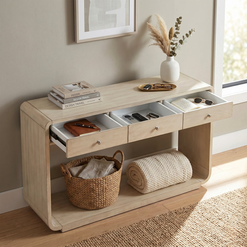Console antique avec tiroirs et pieds courbés, Natural/Beige