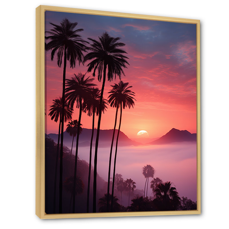 Palmier abstrait d'Hawaï, coucher de soleil II, H 32 po x l 16 po x P 1 po, Cadre naturel flottant