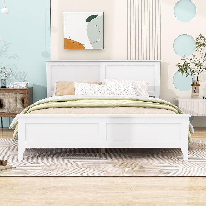 Audrey Wooden Platform Bed with Headboard and Slats Support, White, Queen