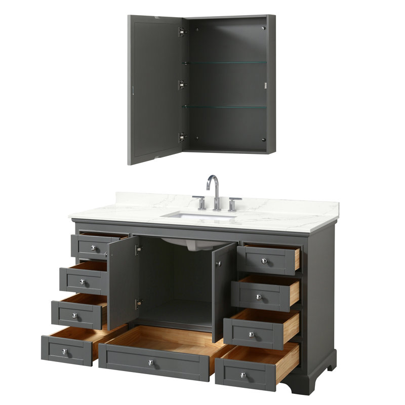Ensemble de meuble-lavabo simple autoportant 48 po avec plateau en quartz Deborah, Quartz Giotto, Gris foncé, Chrome poli