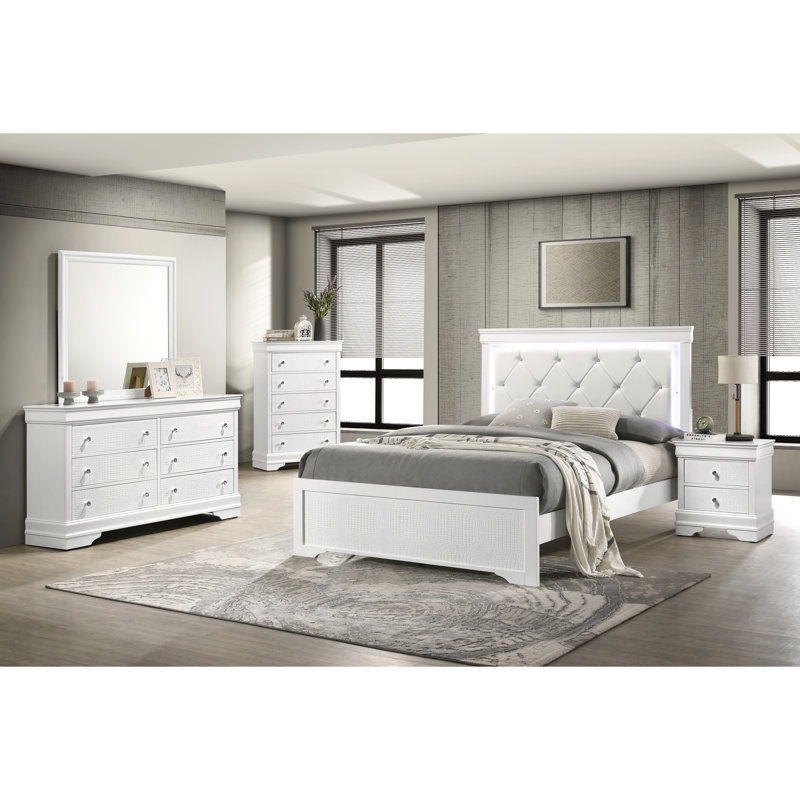 Lit simple blanc moderne Blaze, rembourré avec tête de lit à DEL, structure en bois, gris acier ou tissu blanc, style, éclairage ambiant réglable de la tête de lit, en similicuir, structure