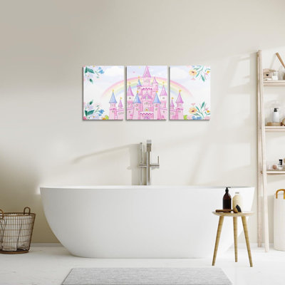 Kids Canvas Wall Art For Living Room Bedroom Princess Picture Wall Decor For Bathroom Cute Rainbow Boys Girls Artwork Posters Pink Floral Painting 12"X16"X 3Pcs