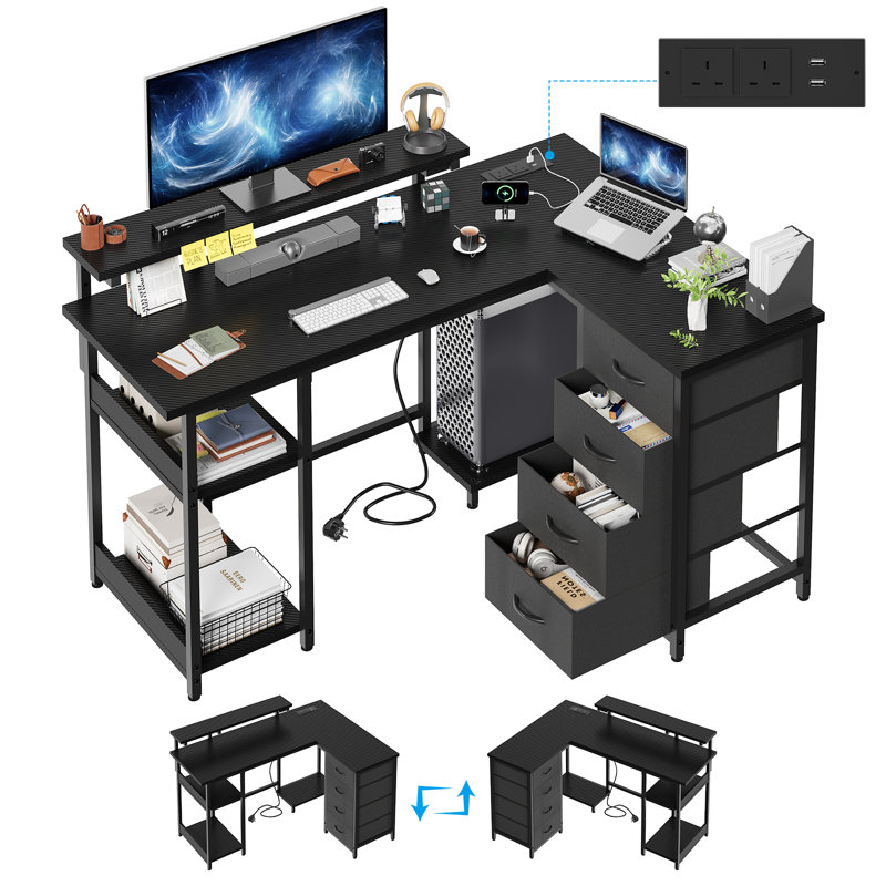 L-Shaped Metal Base Computer Desk, 88cm. H x 135cm. W x 100cm. D, Black