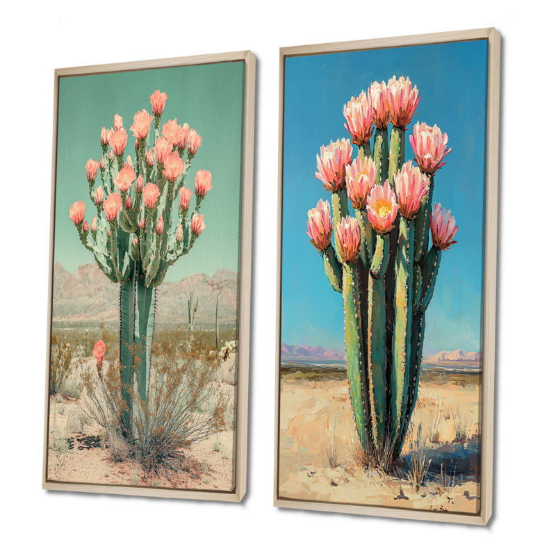 Pastel Cactus Bloom In The Desert I - Collection d'art floral sur toile 2 panneaux, H 32 po x l 33 po, Cadre crème crème