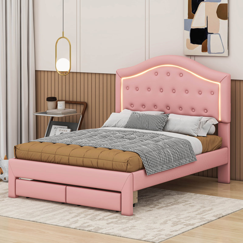 Lit plateforme tapissier avec tête de lit capitonnée, DEL et 2 tiroirs, Double , Rose