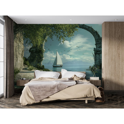 Fantasy Ocean Arch With Sailboat Wallpaper – Peaceful Coastal Landscape Mural With Ruins And Mountains For Living Room, Office Or Beach House Decor