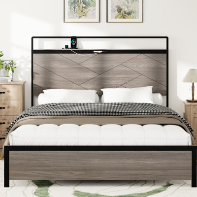 Antique Grey Size Bed Frame With Storage, Touch Led Lighting, Type - C Charging, Modern Retro Blend, Solid And Stable Structure Headboard, Under Space by George Oliver