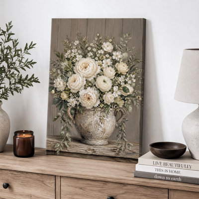Ivoire, bouquet de roses dans un vase en pierre vieilli, images de salon, impression sur toile encadrée