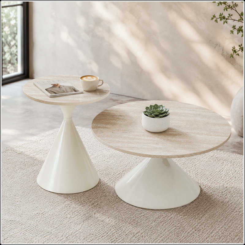 Ensemble de 2 tables basses rondes avec dessus en travertin et base en acier