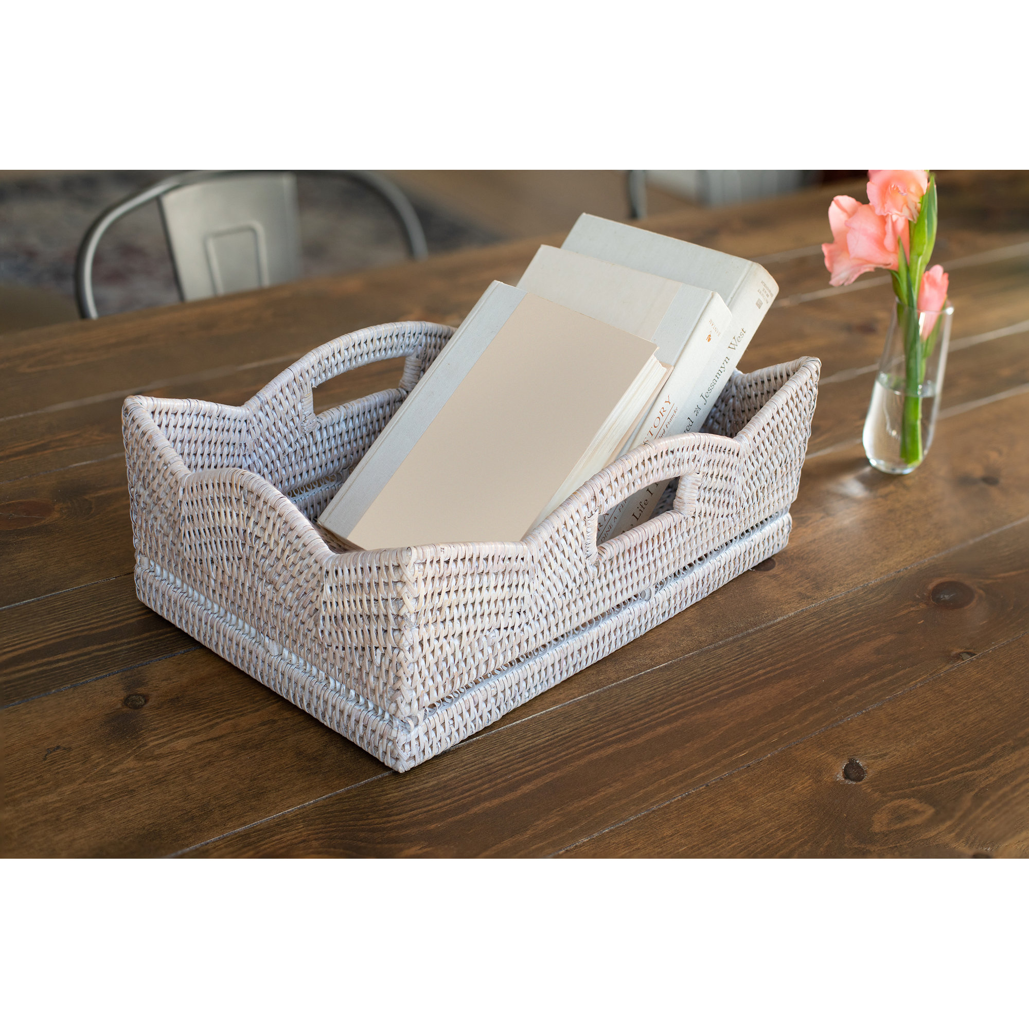 Handmade Coastal Rattan Basket With Handles 1, White