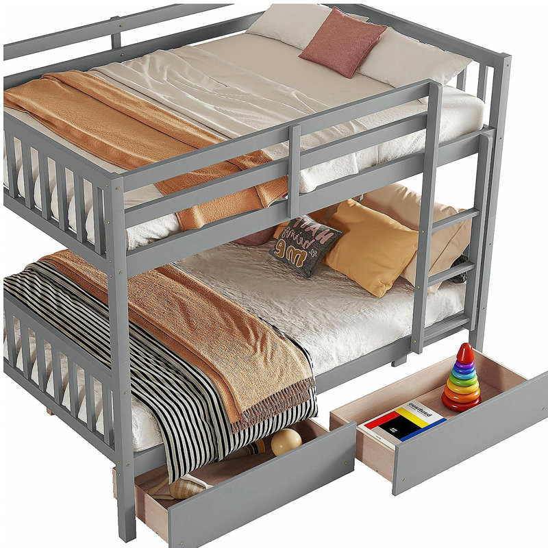 Lit double en bois d'hévéa avec deux tiroirs, convertible en deux lits simples avec échelle et barrière de sécurité, Gris