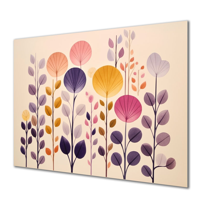 Paysage floral rétro jaune mauve - botanique, art mural, Métal métal, H 30 po x l 40 po