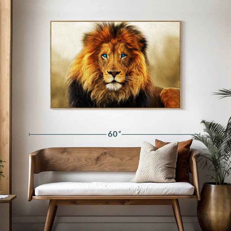 Lion aux yeux bleus, Cadre flottant en bois naturel, 46 po x 31 po