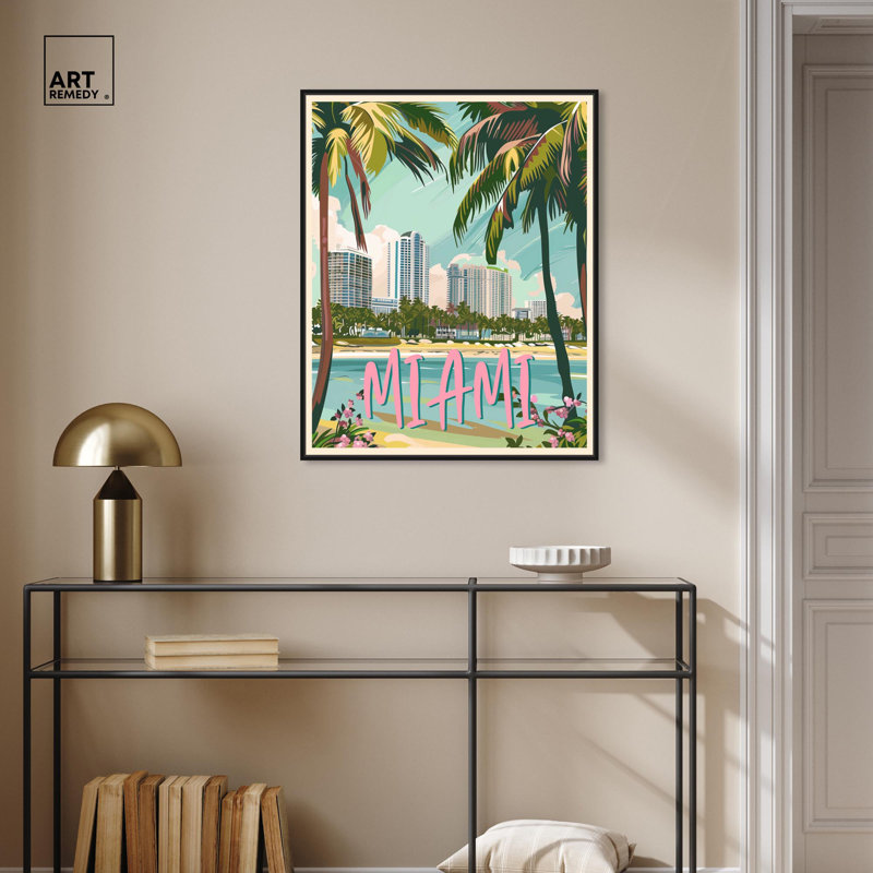 Miami Postcard Canvas Beach Coastal Art by Art Remedy, 31" H x 25" W x 1.8" D, Black Framed