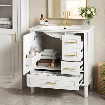 Meuble-lavabo de salle de bain avec lavabo en céramique, 3 tiroirs, tiroirs à fermeture en douceur et tablette à un seul niveau