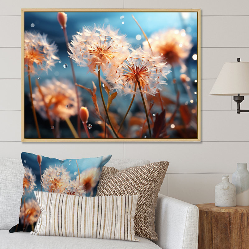 Blue Dandelion Dancing In The Morning II - Floral Wall Art Prints, H 16 po x l 32 po x P 1 po, Cadre naturel flottant
