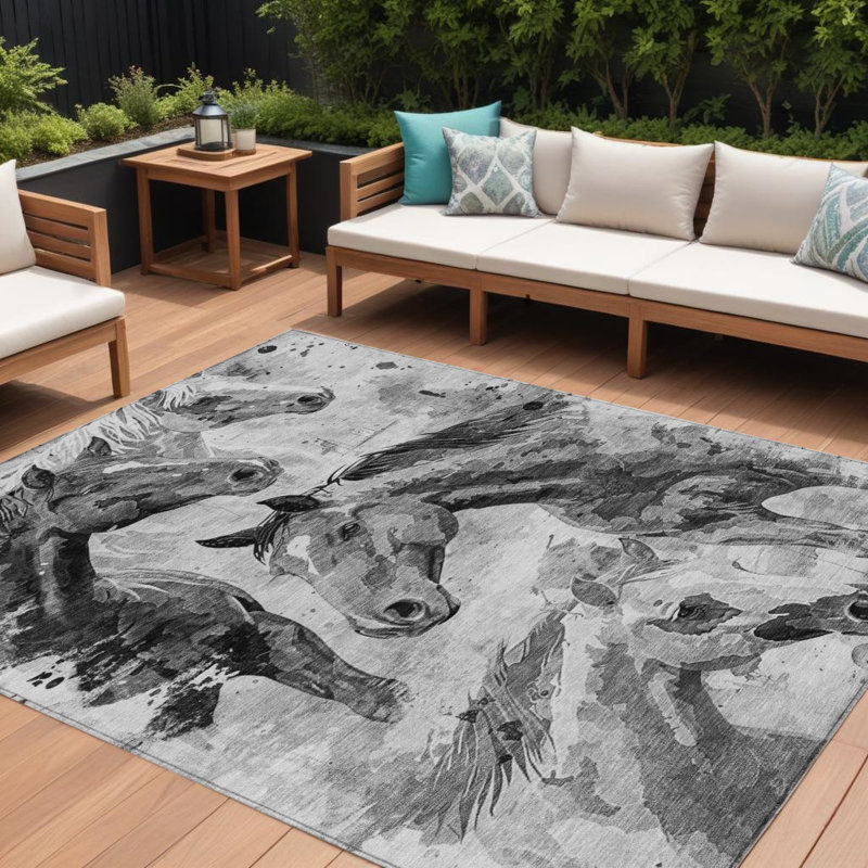 Tapis extérieur lavable à motif de chevaux gris et argent 10 pi x 14 pi