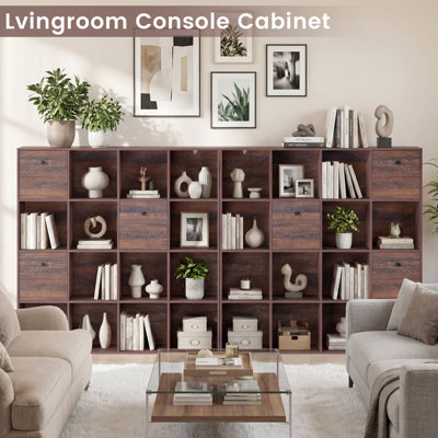 47" W Cube Storage Shelf with 12 Cubes & 2 Fabric Drawers, Rustic Wood Walnut Bookcase & Display Cabinet for Study, Bedroom, Living Room & Office, Individual