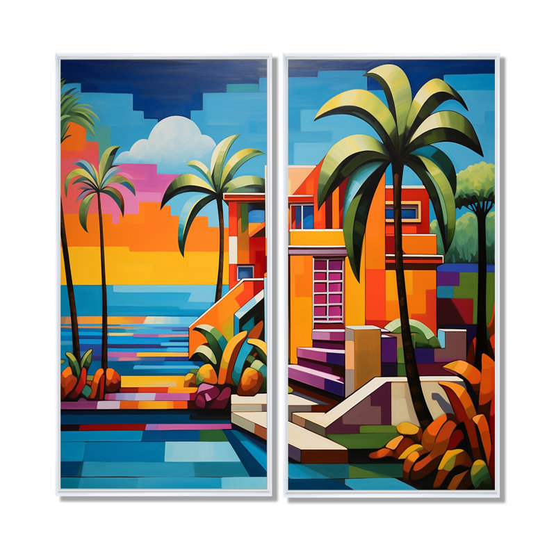 Pop Art Palm Beach en couleur I - art mural multicolore glam, H 20 po x l 24 po, Impression encadrée flottante, Blanc