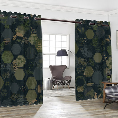 2 pièces de rideaux occultants avec œillets, tissu imprimé à motif géométrique hexagonal à motif de feuilles abstraites, couvre-fenêtres isolants isolants thermiques avec protection de la vie privée, décoration intérieure pour le dortoir du salon