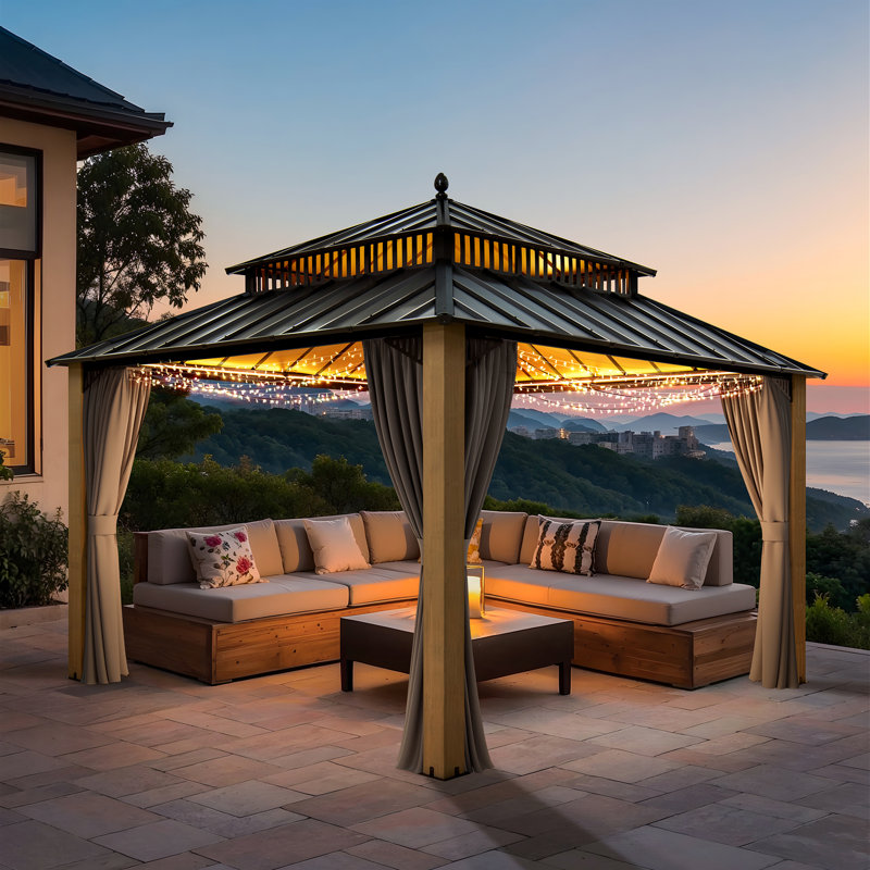 SUNJOY Kingston 12x12 Gazebo, Steel Hardtop Gazebo with Curtain and Netting - Cedar Posts, 12X12