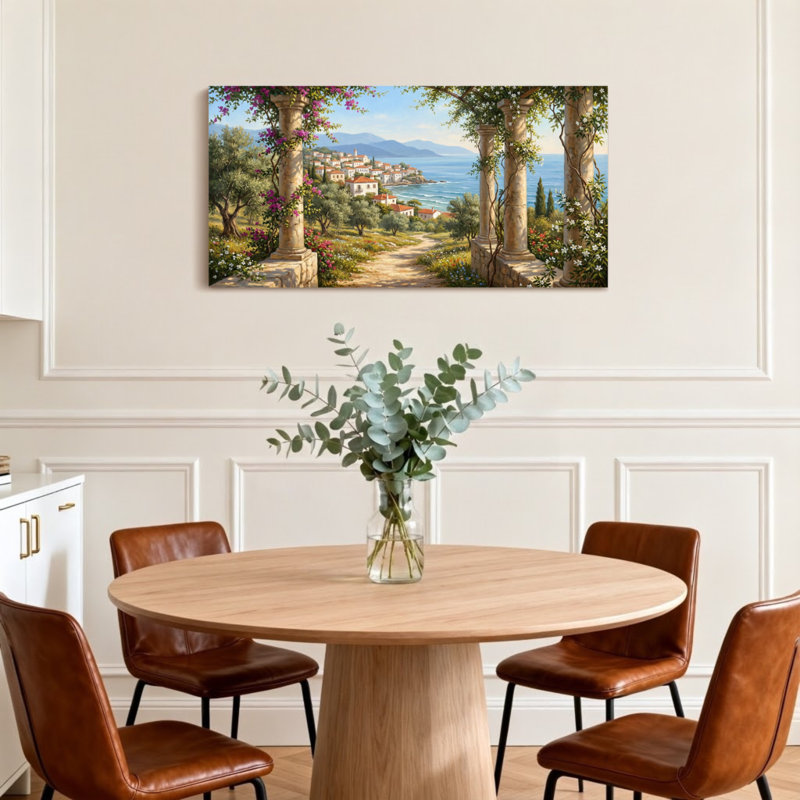 Scénario et paysages urbains paysage marin de village méditerranéen avec des colonnes et des fleurs, H 20 po x l 40 po