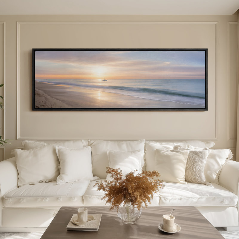 Large Framed Canvas Wall Art - Calm Ocean Sunrise Seascape Decor - 60"x20", 60"x30", 20" H x 60" W, Black